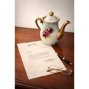 Vintage Hand-Painted Porcelain Coffee Pot with Letter  1960